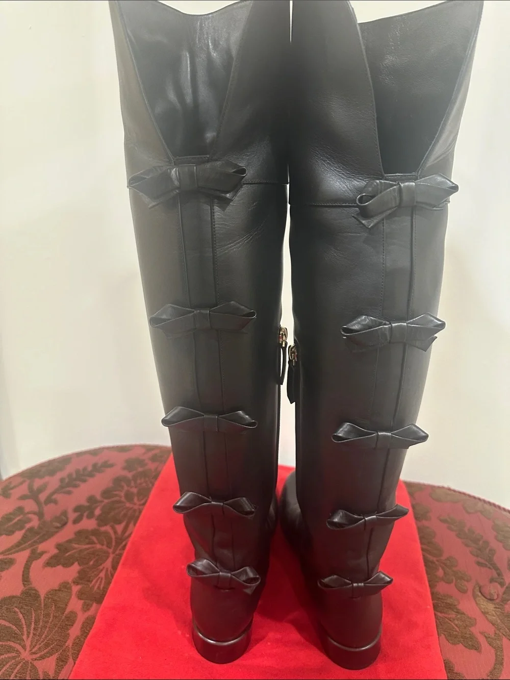 Valentino Black Leather Over-the-Knee Boots with Rear Bow Details
